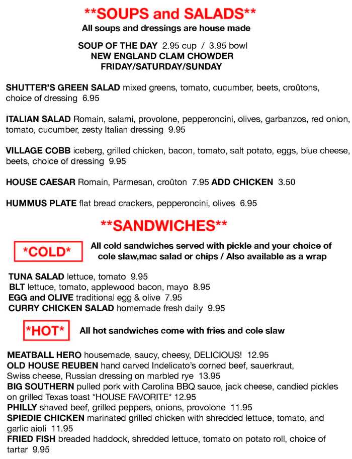 Page 2 of menu, Green Shutters Auburn, NY