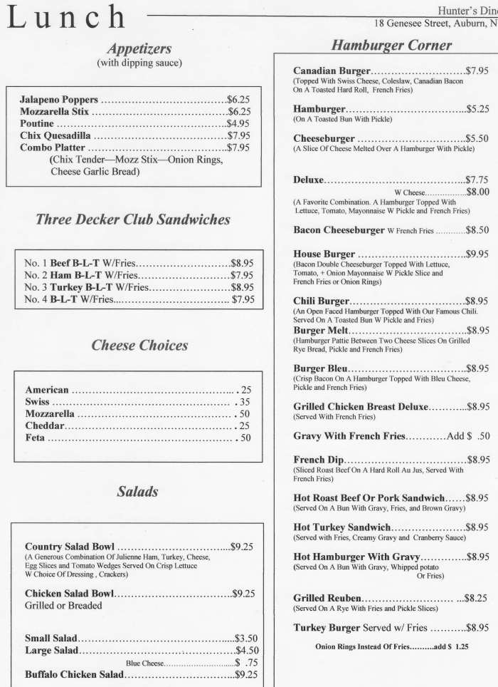 Hunter's Dinerant Menu, Auburn, NY